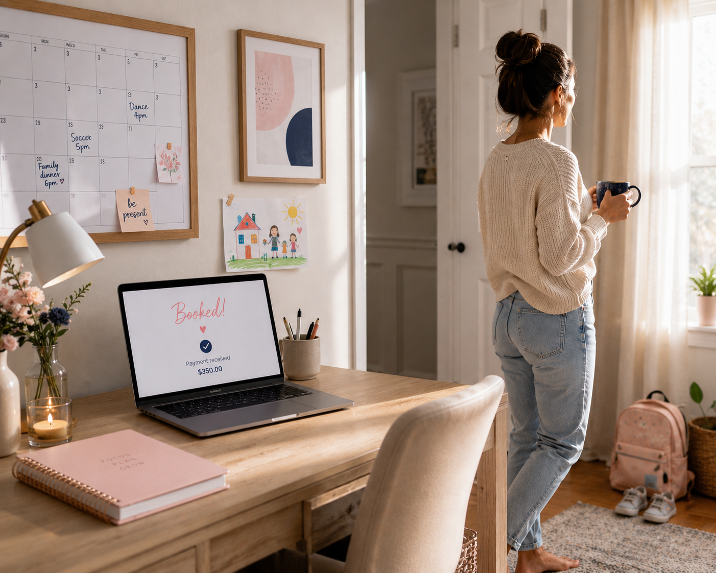 A woman stepping away from her home office while her business receives a booking